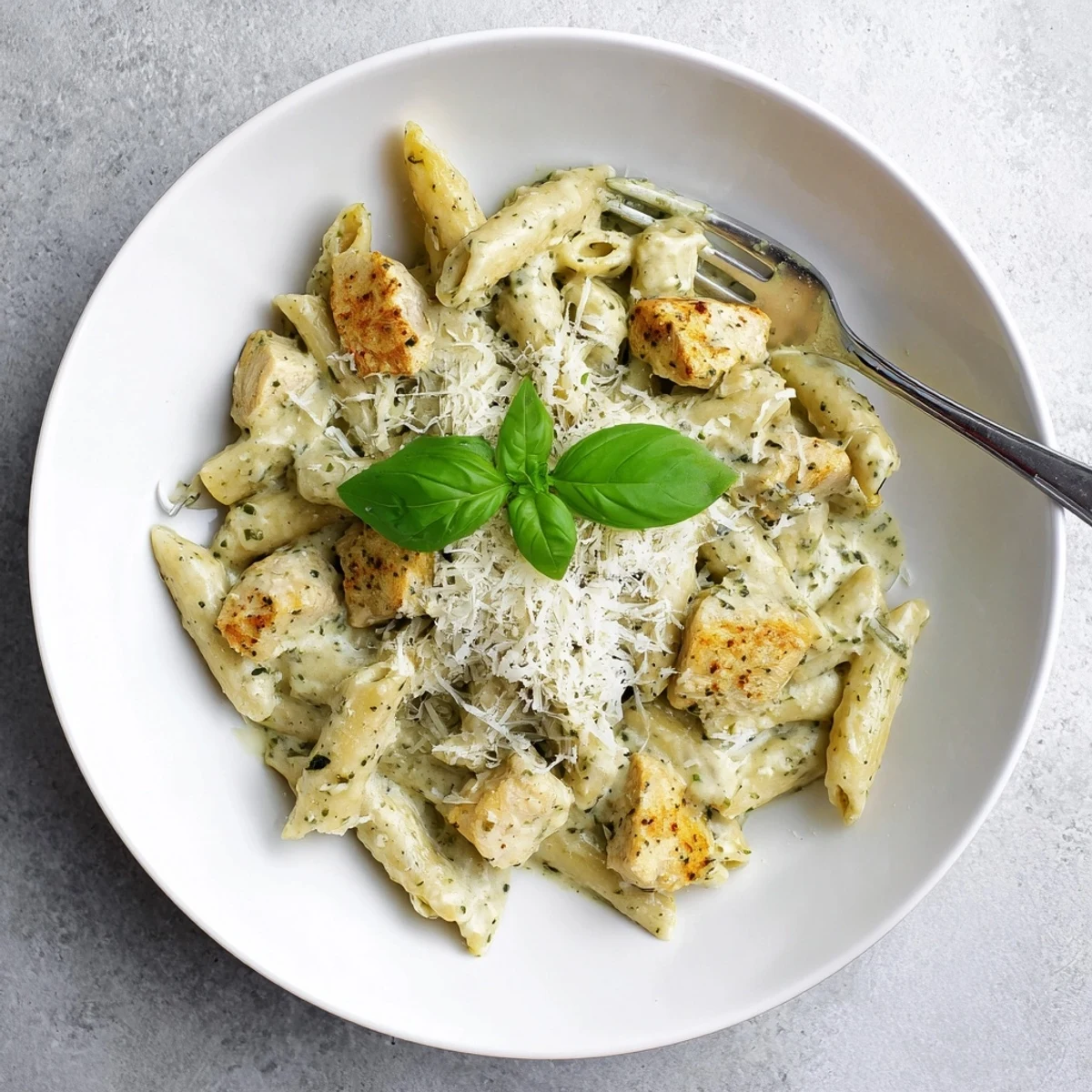 A close-up of Creamy Pesto Chicken Pasta with tender chicken pieces and grated Parmesan on top