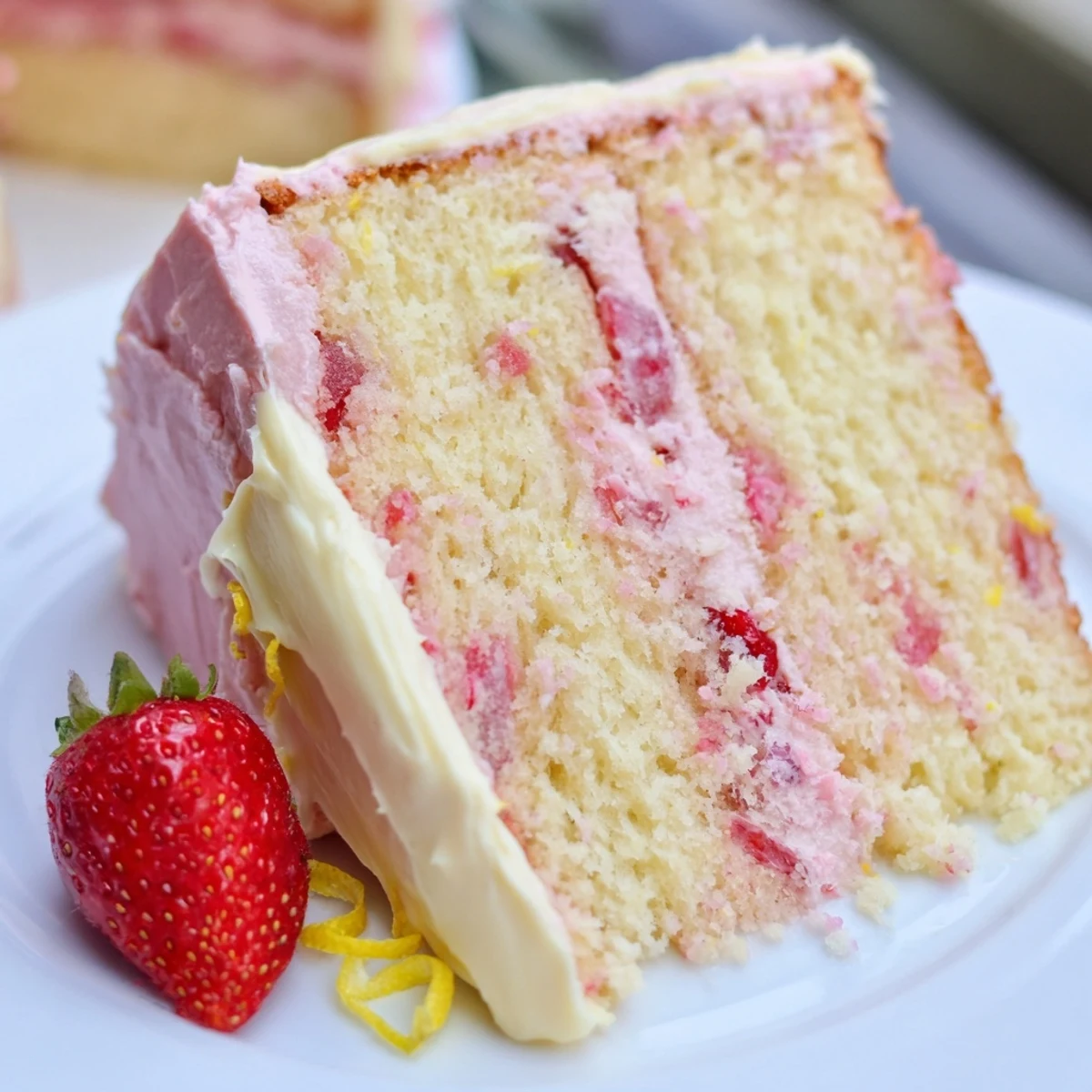 Tall layers of Strawberry Lemonade Cake With Creamy Lemon Buttercream show fresh strawberry halves on top. 