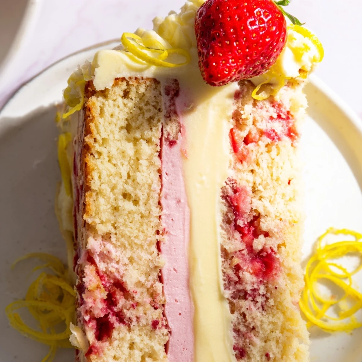 A slice of Strawberry Lemonade Cake With Creamy Lemon Buttercream reveals fluffy crumb next to a glass of lemonade.