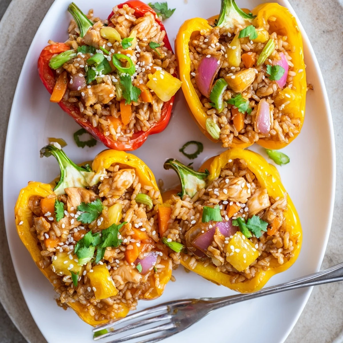 Bright orange bell peppers stuffed with teriyaki pineapple chicken and fluffy jasmine rice, topped with a sticky glaze and sesame seeds.