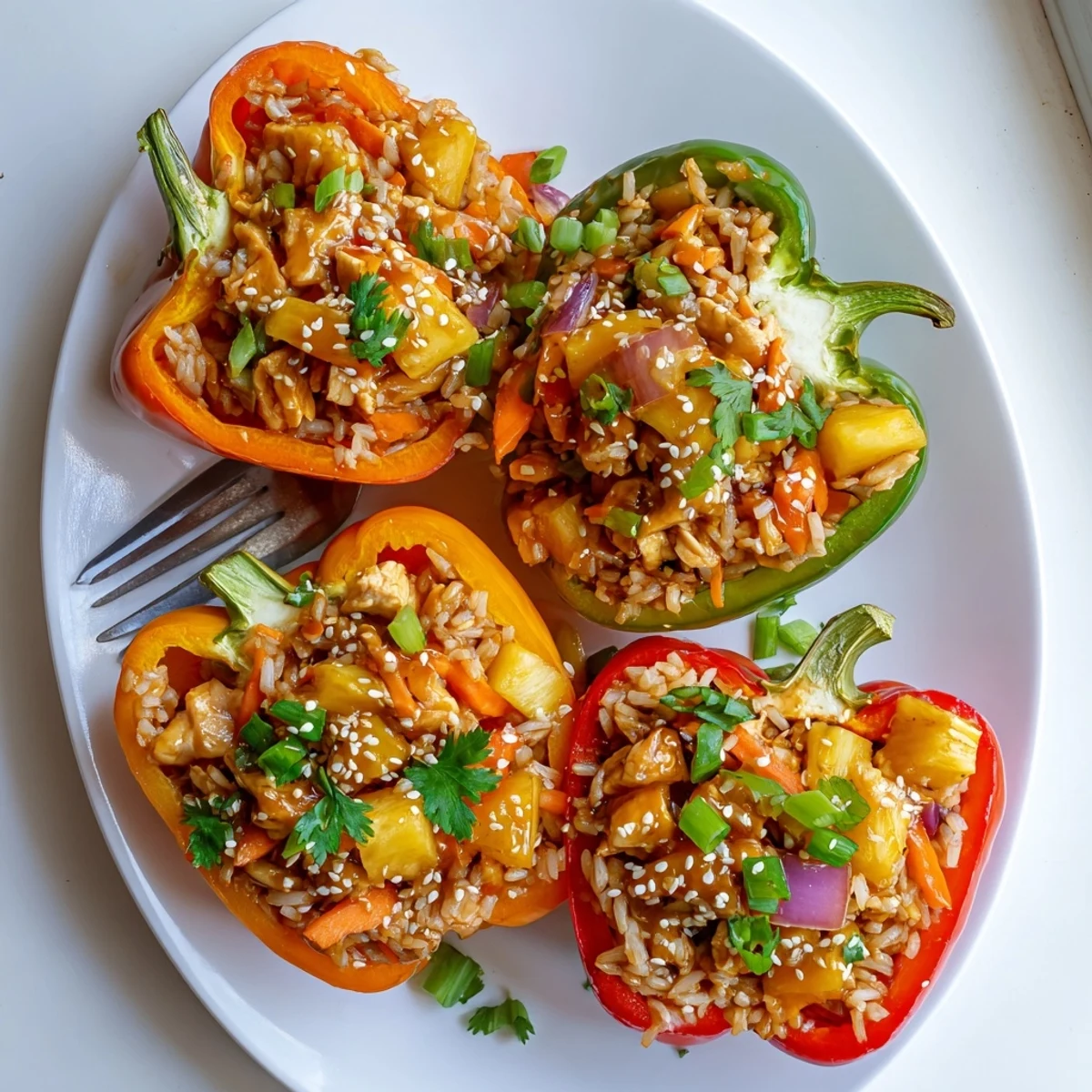 Golden-brown teriyaki chicken, juicy pineapple chunks, and vibrant veggies fill these colorful peppers for a family-friendly fusion dinner.