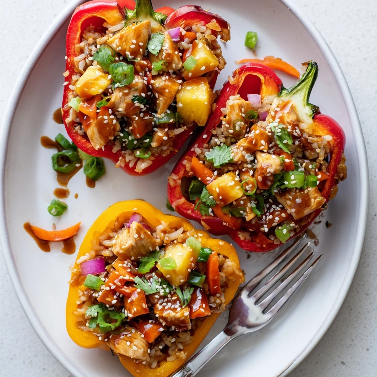 Freshly baked teriyaki pineapple chicken and rice stuffed peppers served hot with a garnish of green onions and cilantro.