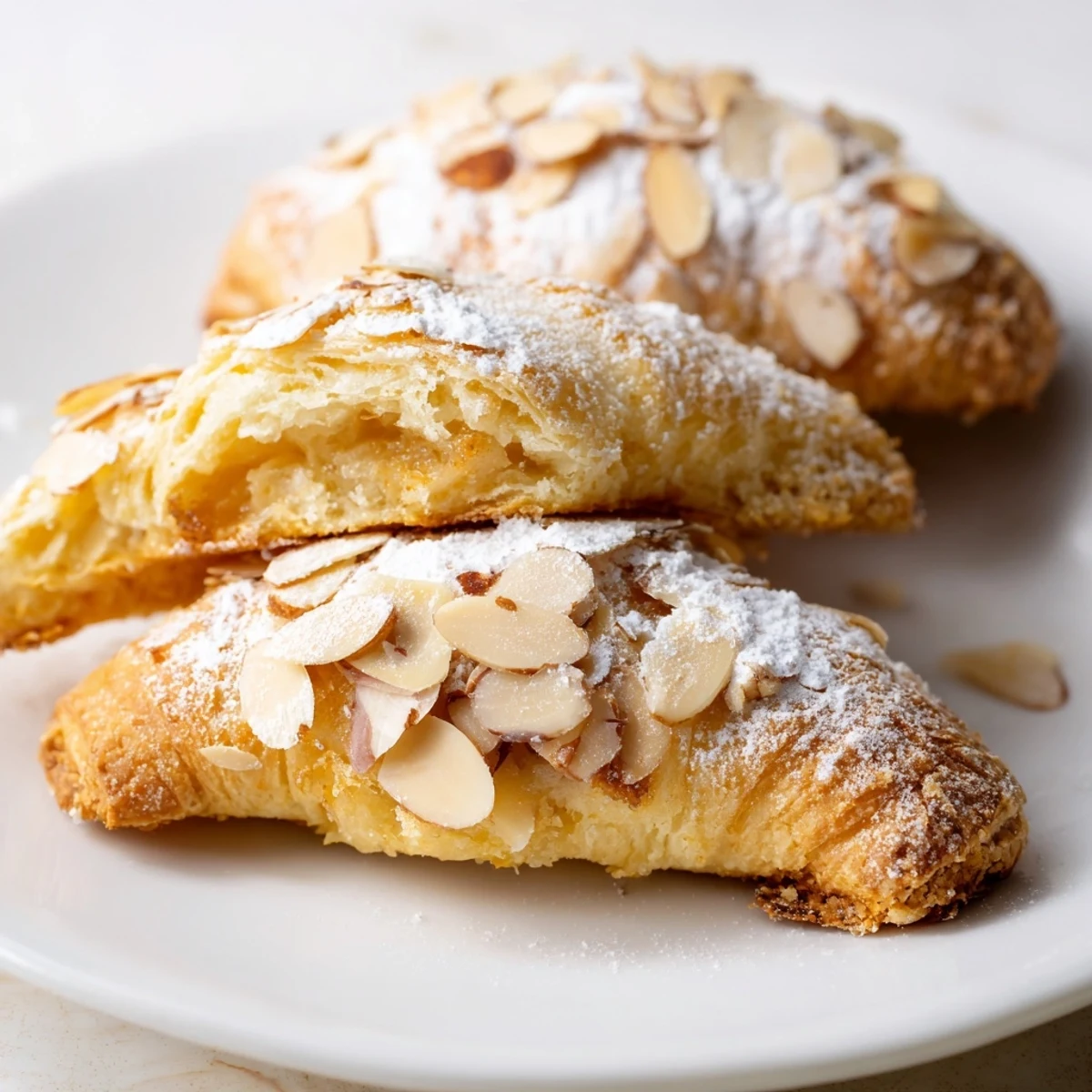 Golden-brown Almond Croissant Cookies rest on a wire rack, dusted with powdered sugar and topped with toasted almonds.