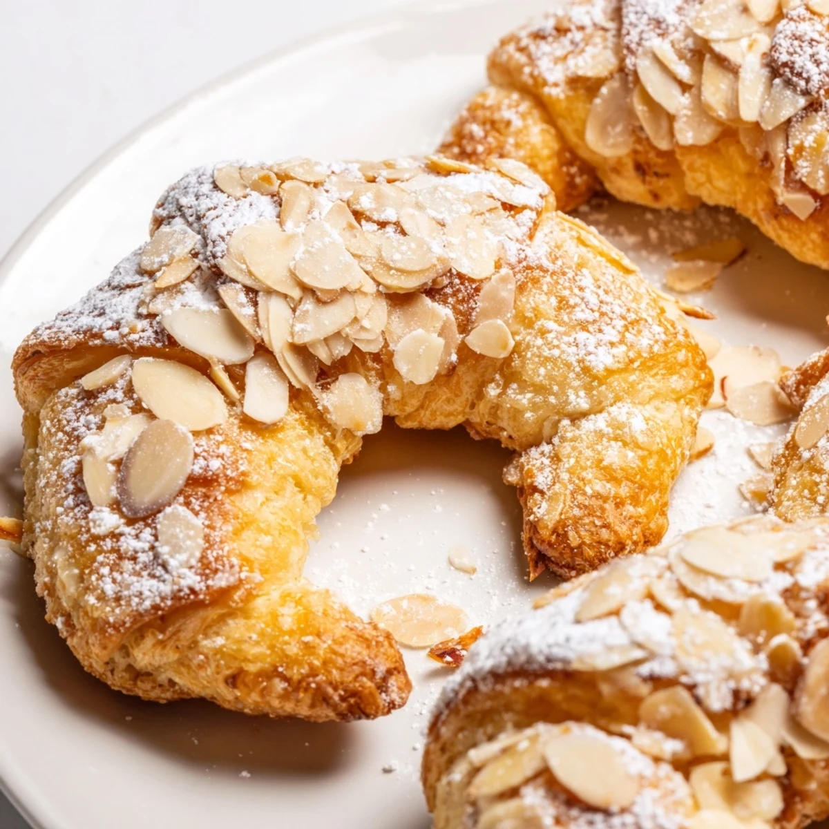 A close-up of flaky Almond Croissant Cookies reveals tender almond filling and a crisp, golden exterior on a marble board.
