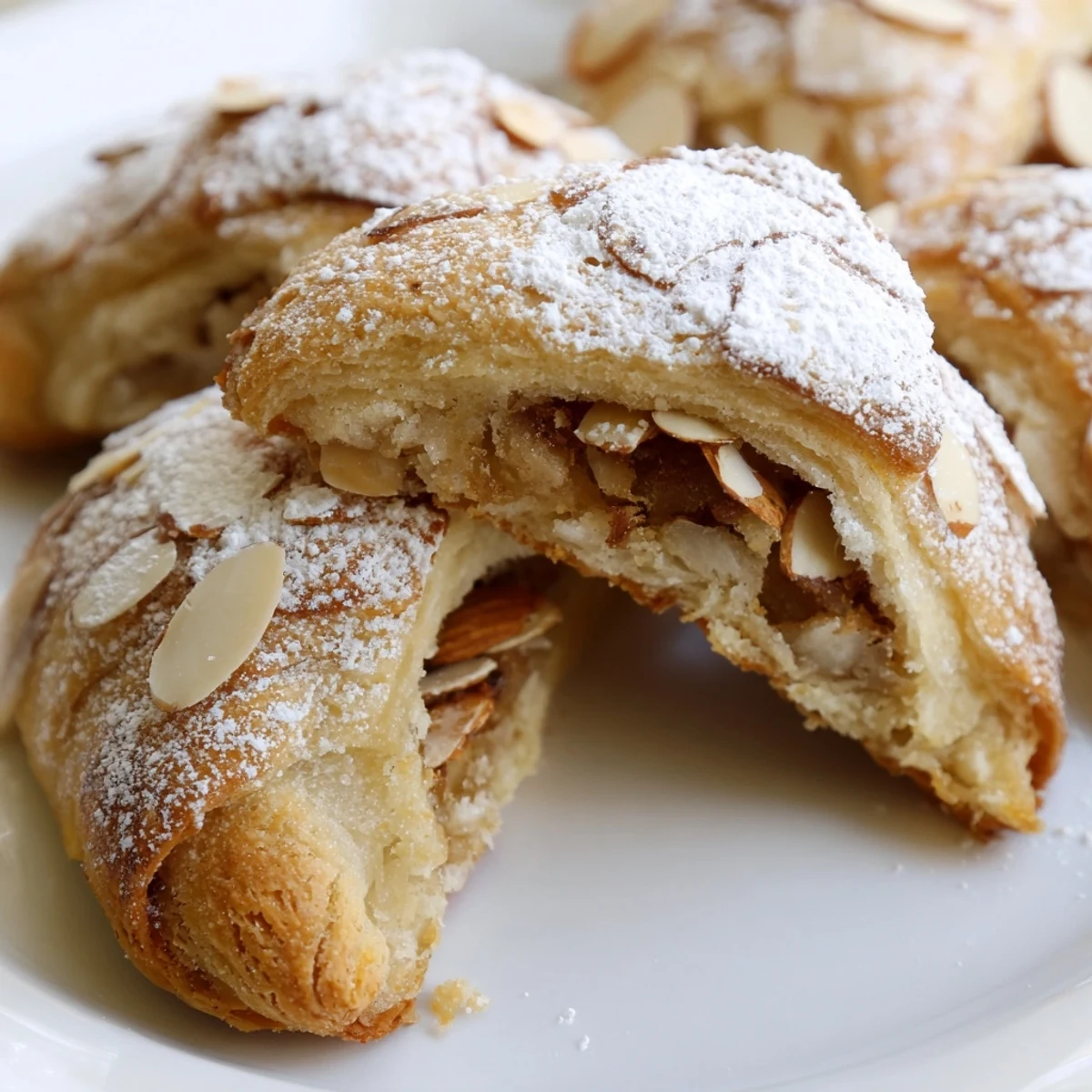 Freshly baked Almond Croissant Cookies are served with a steaming cup of coffee on a rustic wooden table.