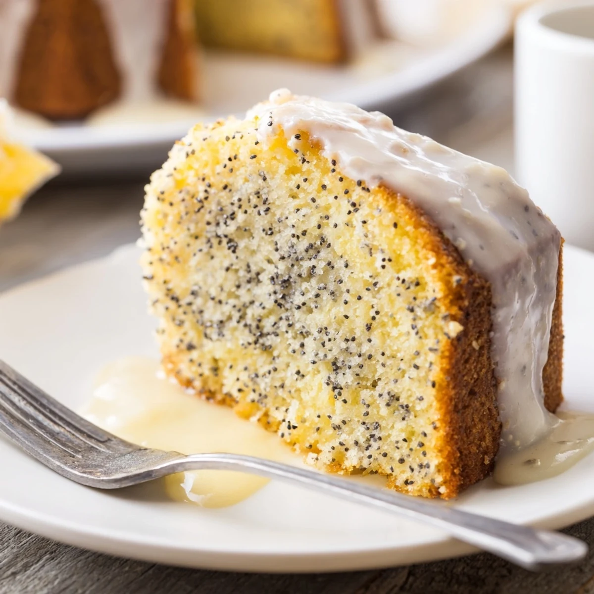 Freshly baked Lemon Poppy Seed Cake glazed with sweet lemon icing, resting on a cooling rack. 