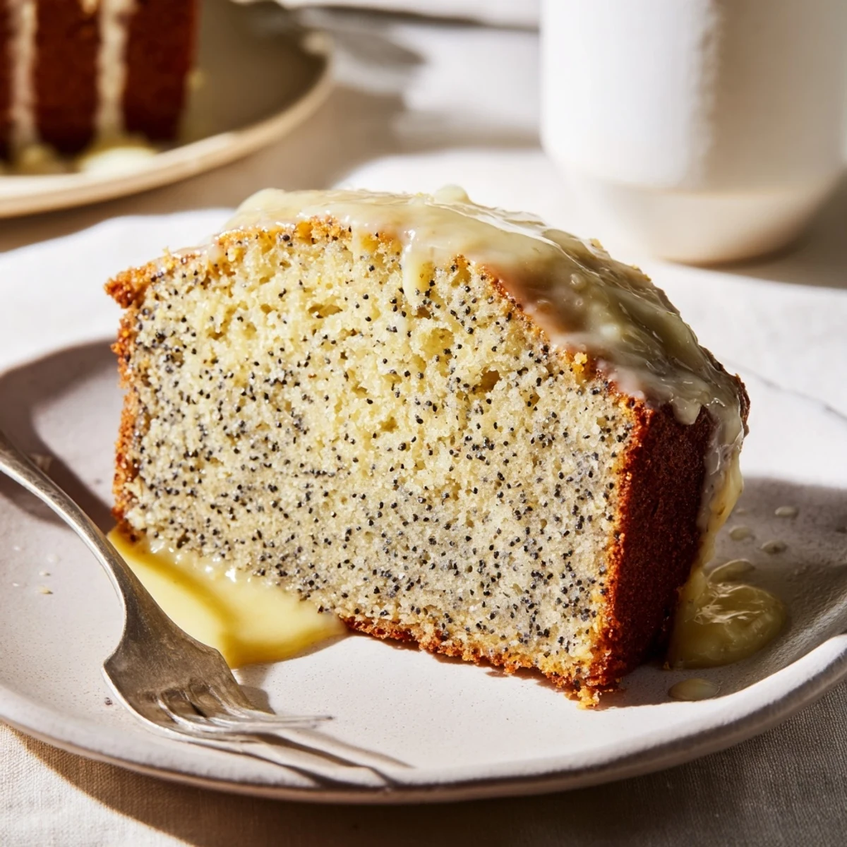 A moist slice of Lemon Poppy Seed Cake shows poppy seeds and bright yellow lemon zest crumbs. 