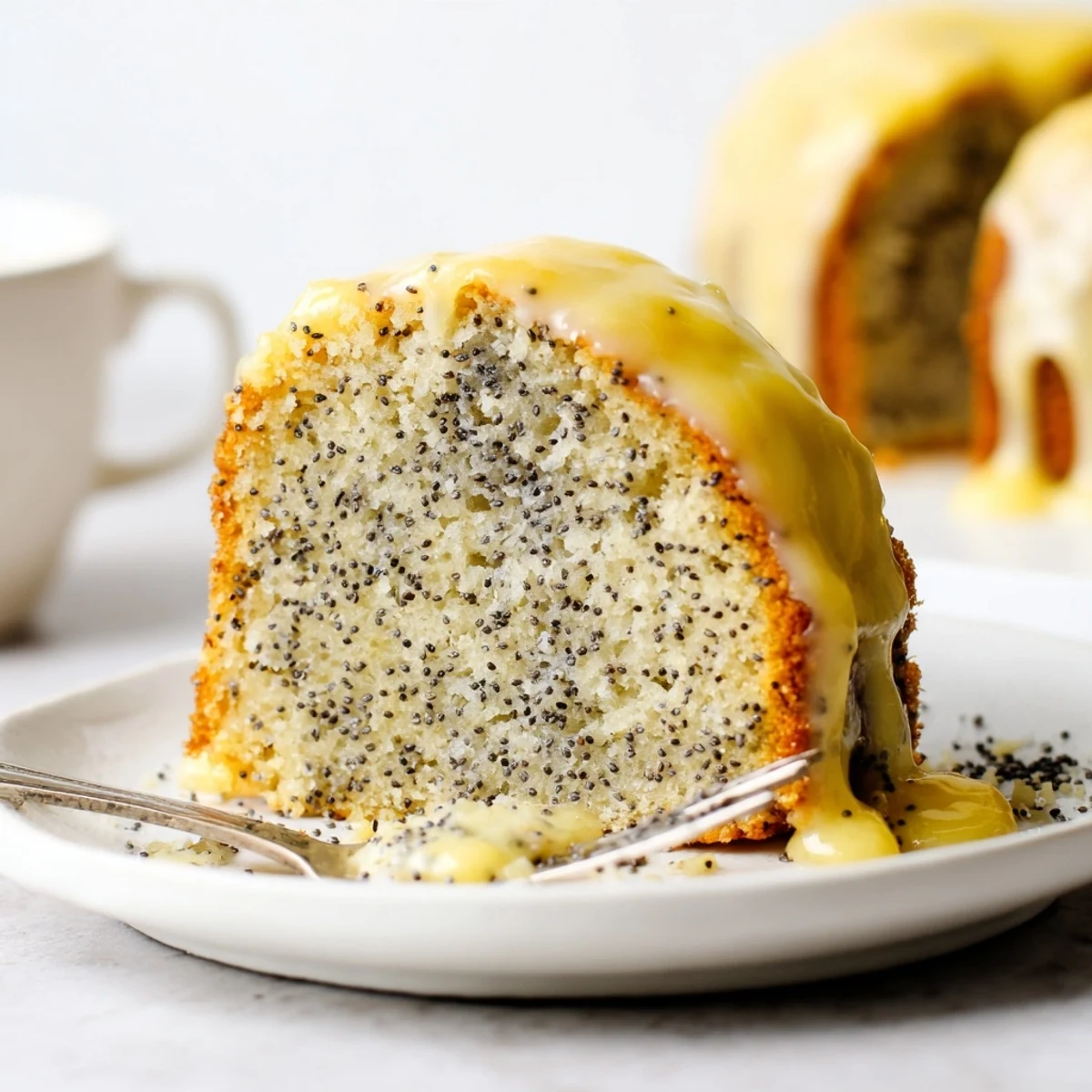 Overhead view of a whole Lemon Poppy Seed Cake with glistening glaze, perfect for afternoon tea.