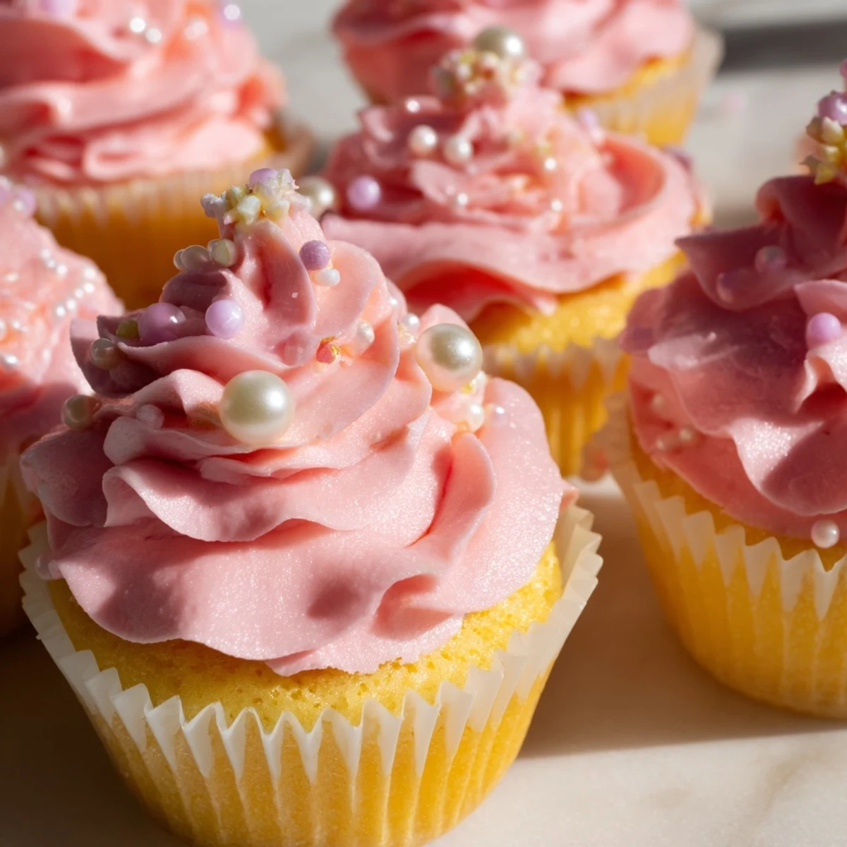 A close-up of Girl Baby Shower Cupcakes with soft pink buttercream swirls, decorated with edible pearls and tiny fondant baby shoes on a pastel plate.