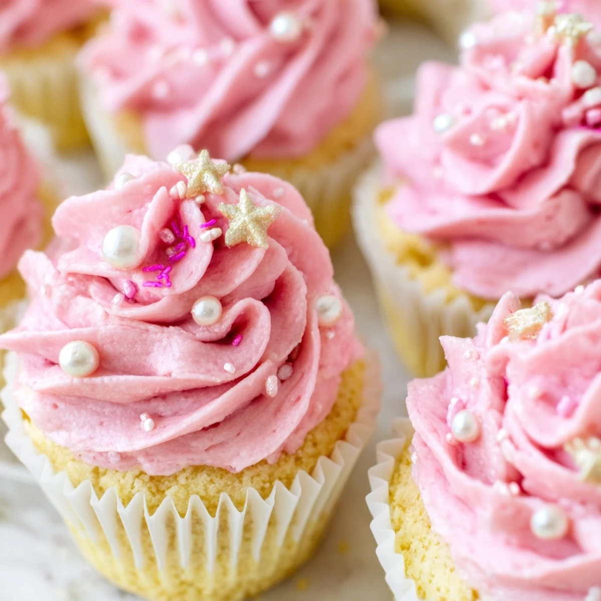 In this Girl Baby Shower Cupcakes photo, twelve frosted cupcakes sit on a marble counter with soft pink frosting and delicate sprinkles for a sweet celebration.