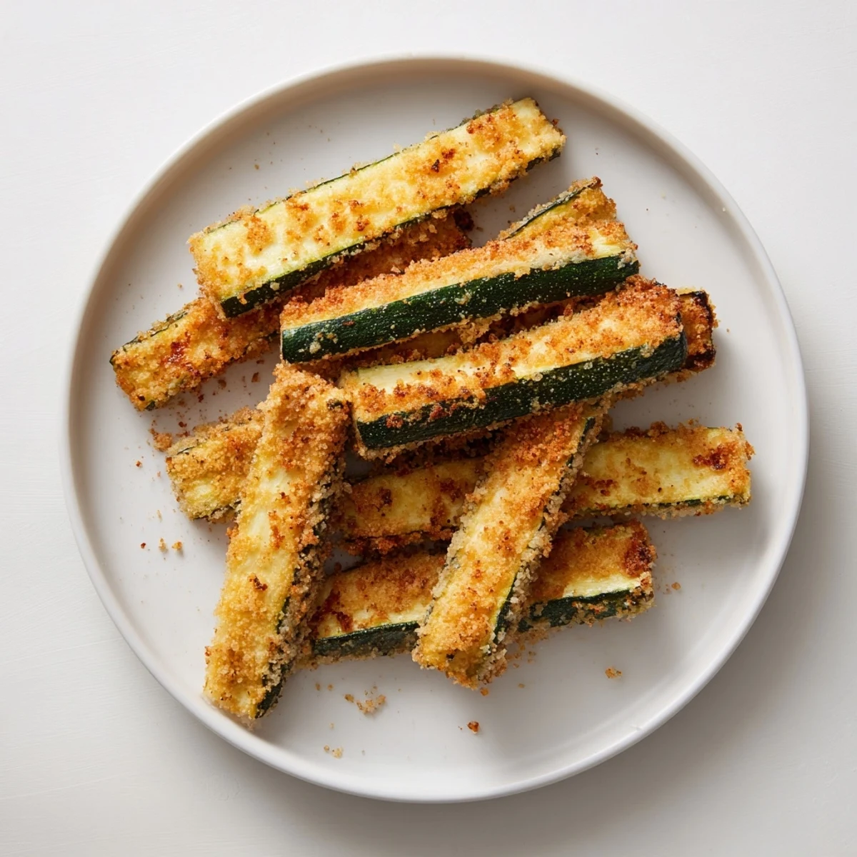 Golden Keto Baked Parmesan Zucchini Fries arranged on a plate with marinara dip.