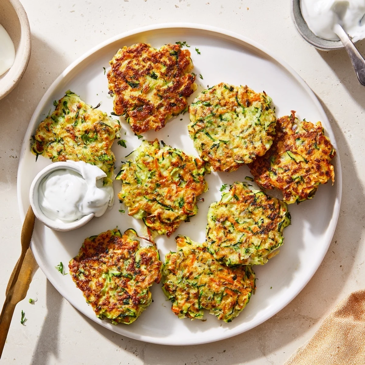 Crispy Easy Zucchini Fritters are golden brown and served warm on a plate for a delicious snack.