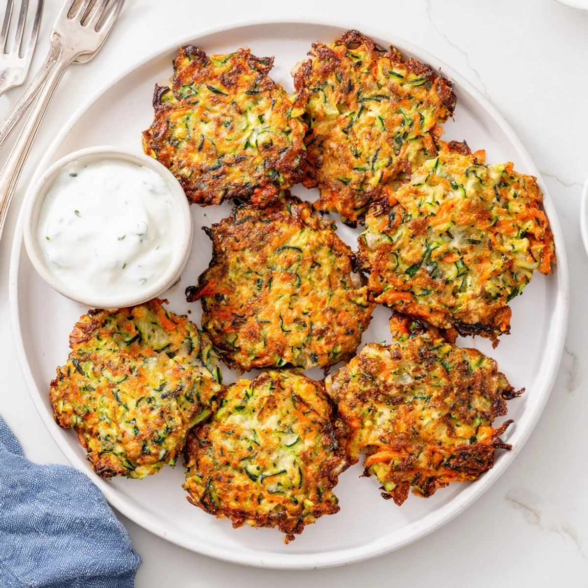 A stack of Crispy Easy Zucchini Fritters topped with fresh herbs and a dollop of yogurt dip.