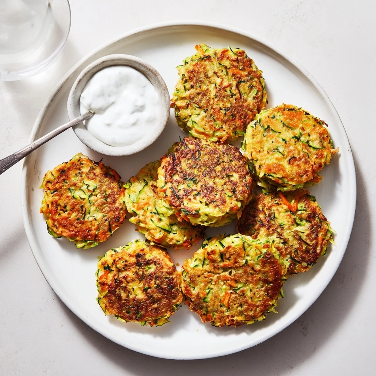 These Crispy Easy Zucchini Fritters feature a crunchy exterior and a tender, savory interior on a white plate.