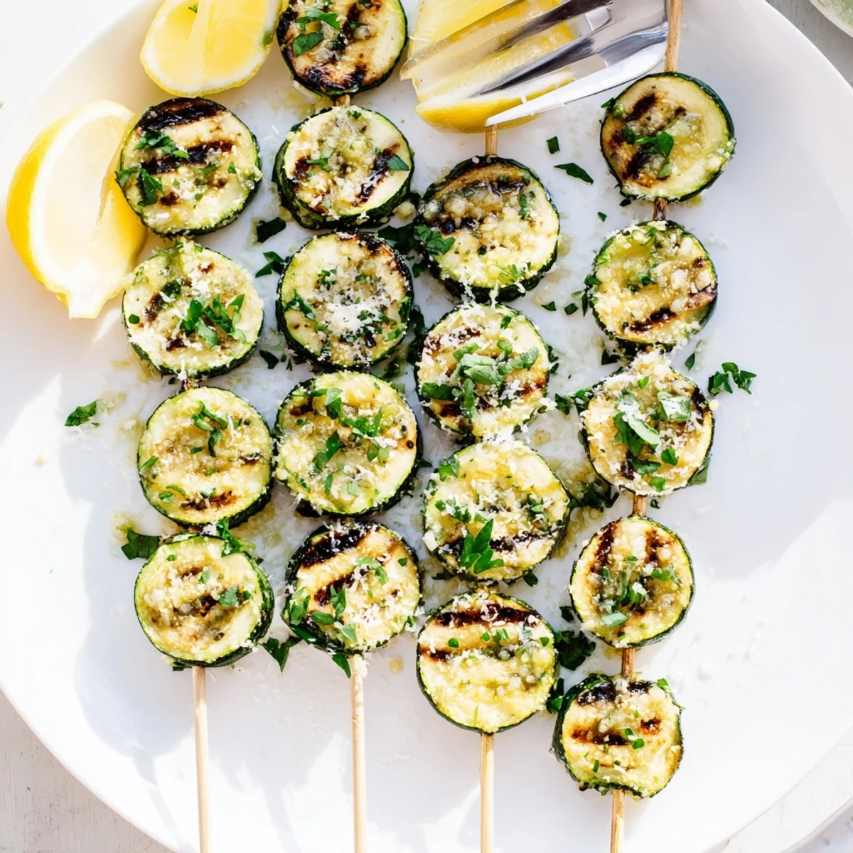 Tender zucchini rounds on skewers brushed with aromatic garlic butter, perfect for a summer barbecue.