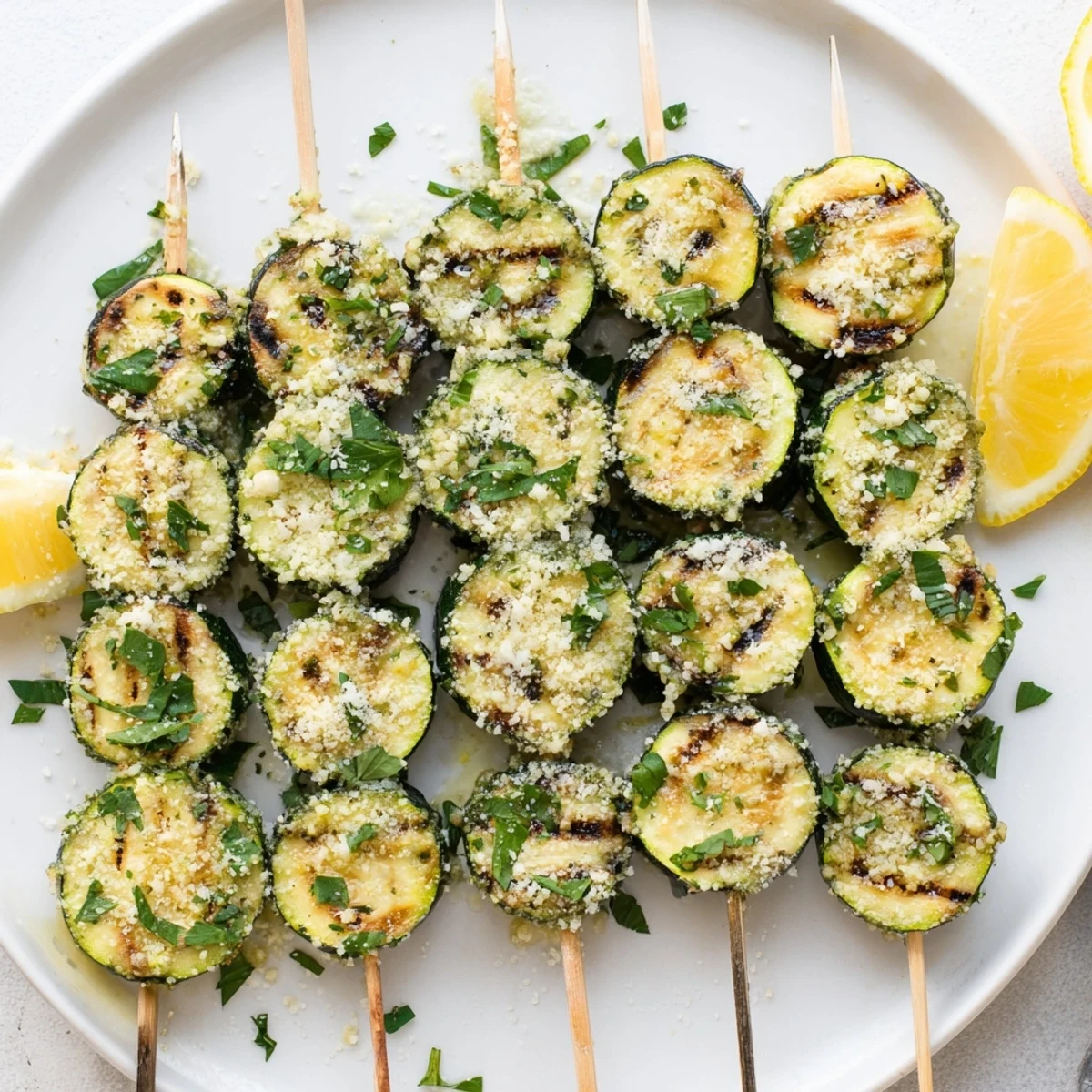 Savory Mediterranean zucchini skewers dripping with buttery garlic sauce, ideal for a vegetarian side dish.