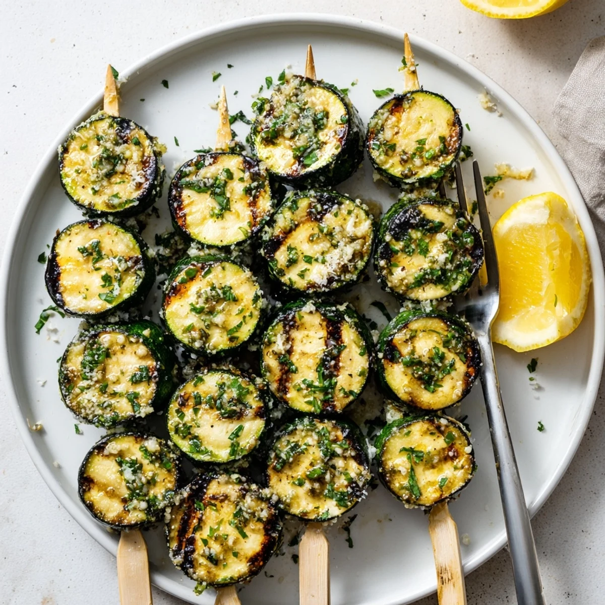 Freshly grilled Garlic Butter Zucchini Skewers served with lemon wedges and a sprinkle of Parmesan.