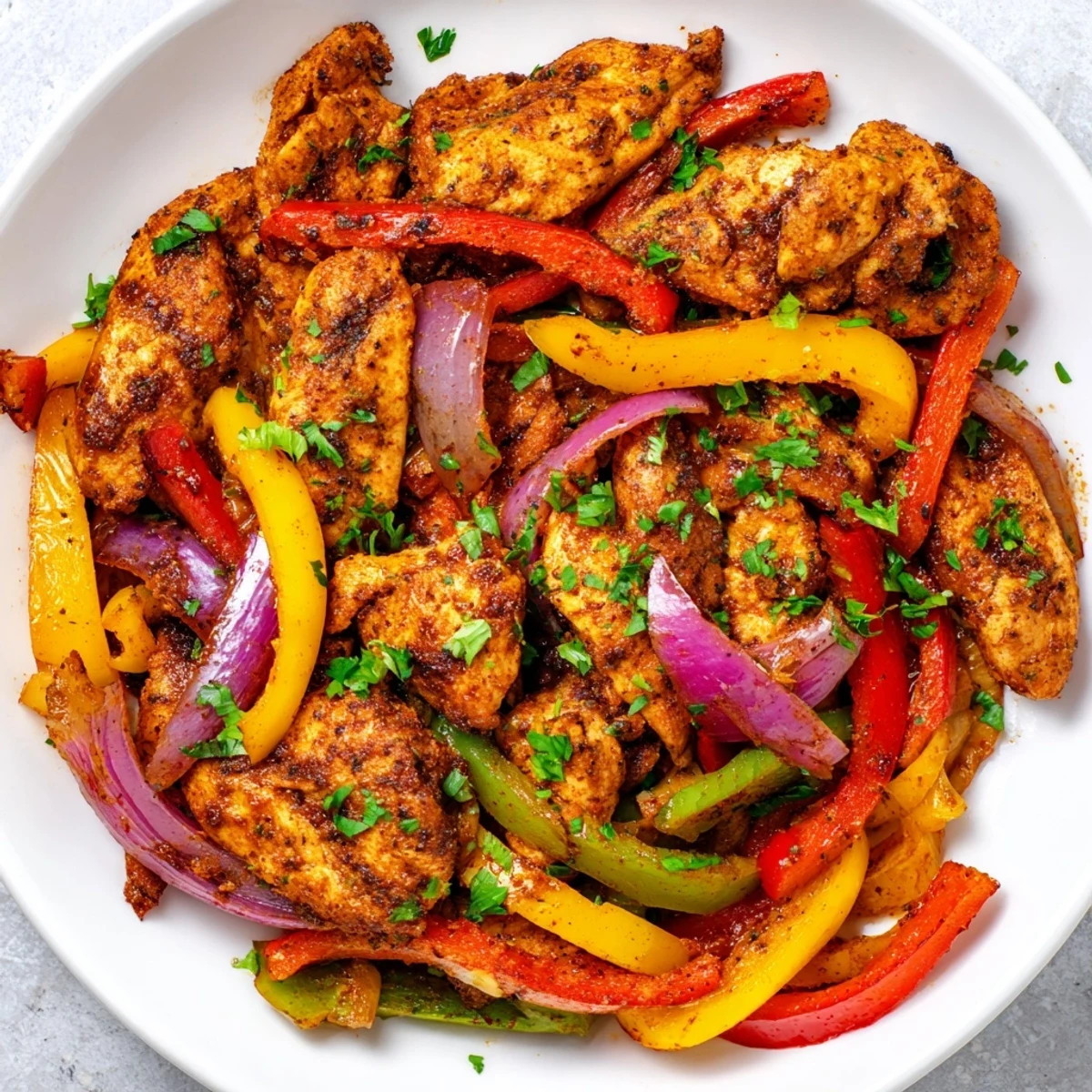 A close-up of Cajun Chicken Bell Peppers Spicy Delight with juicy chicken and vibrant peppers.