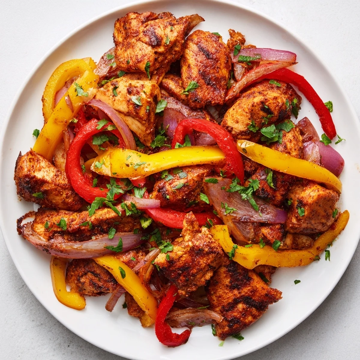Tender Cajun Chicken Bell Peppers Spicy Delight served on a white plate with lemon wedges.