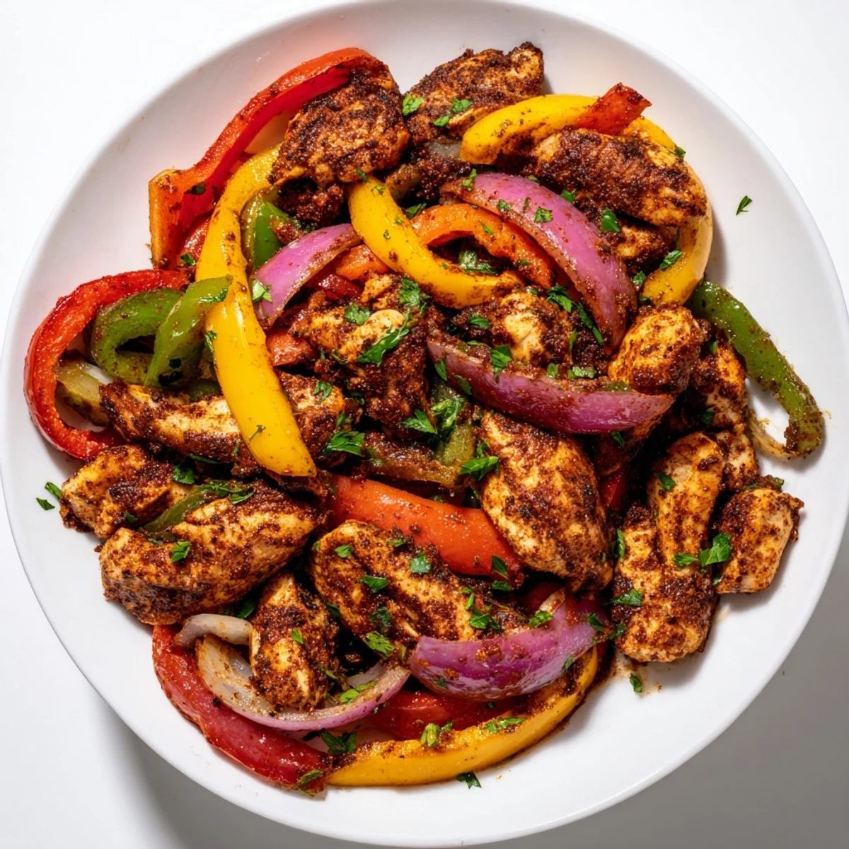 A skillet of sizzling Cajun Chicken Bell Peppers Spicy Delight garnished with fresh parsley.