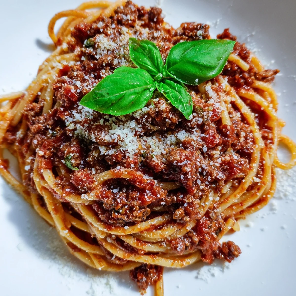 Steam rises from a bowl of The Bear Spaghetti, topped with fresh basil and grated Parmesan cheese.
