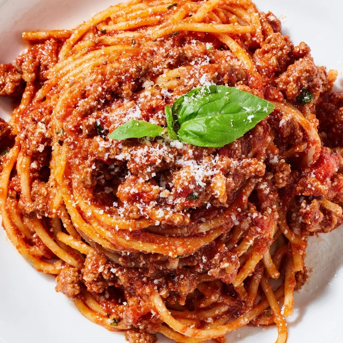 A close-up of The Bear Spaghetti in a rustic bowl, featuring a rich red sauce and fresh basil garnish.