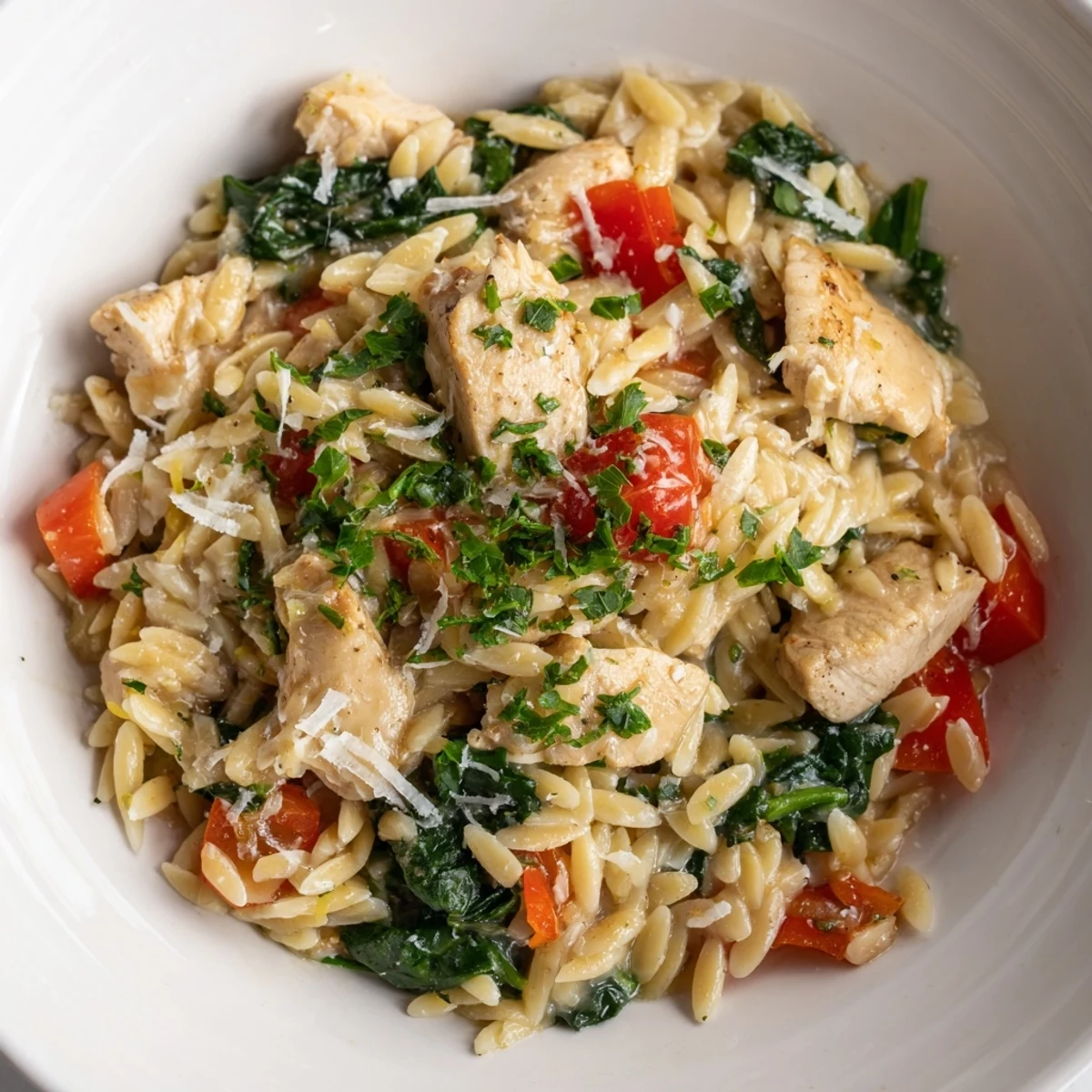 The finished High Protein Chicken Orzo dish, garnished with fresh parsley and melted Parmesan, steaming in a rustic skillet for serving.