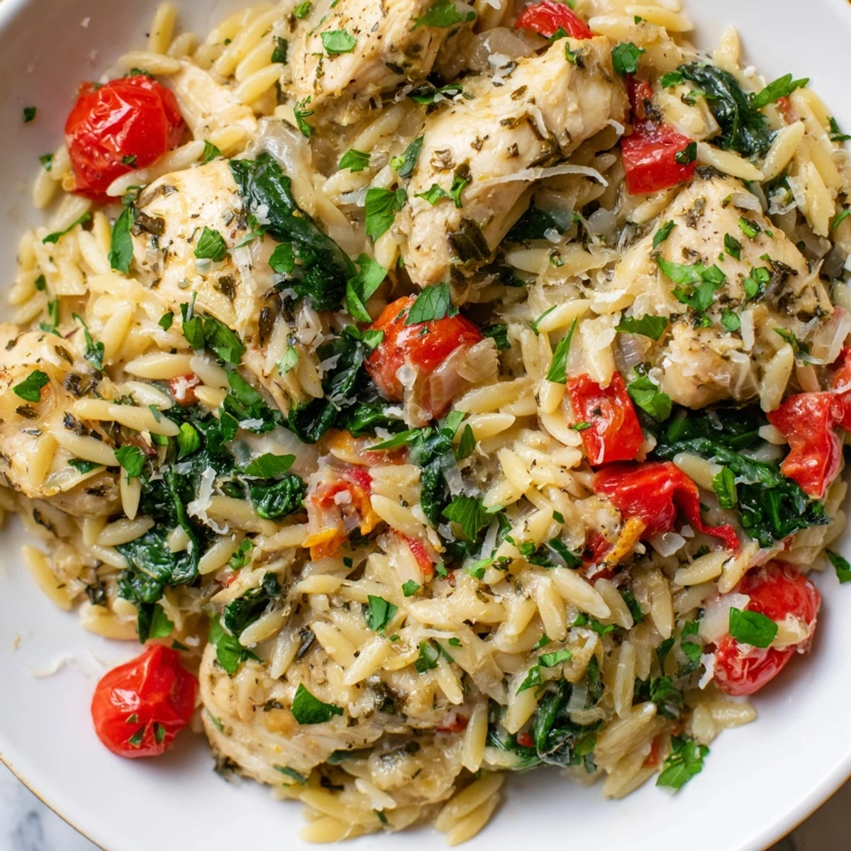 One-pan High Protein Chicken Orzo with juicy chicken pieces, colorful veggies, and creamy orzo pasta glistening under bright kitchen lighting.