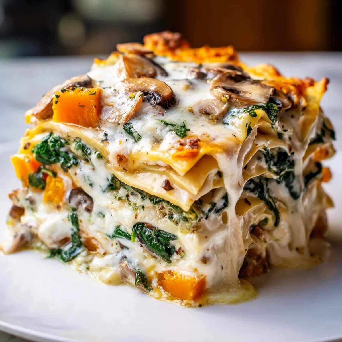 A close-up of Butternut Squash, Spinach & Mushroom Lasagna with bubbly cheese and golden edges, resting on a wooden table.
