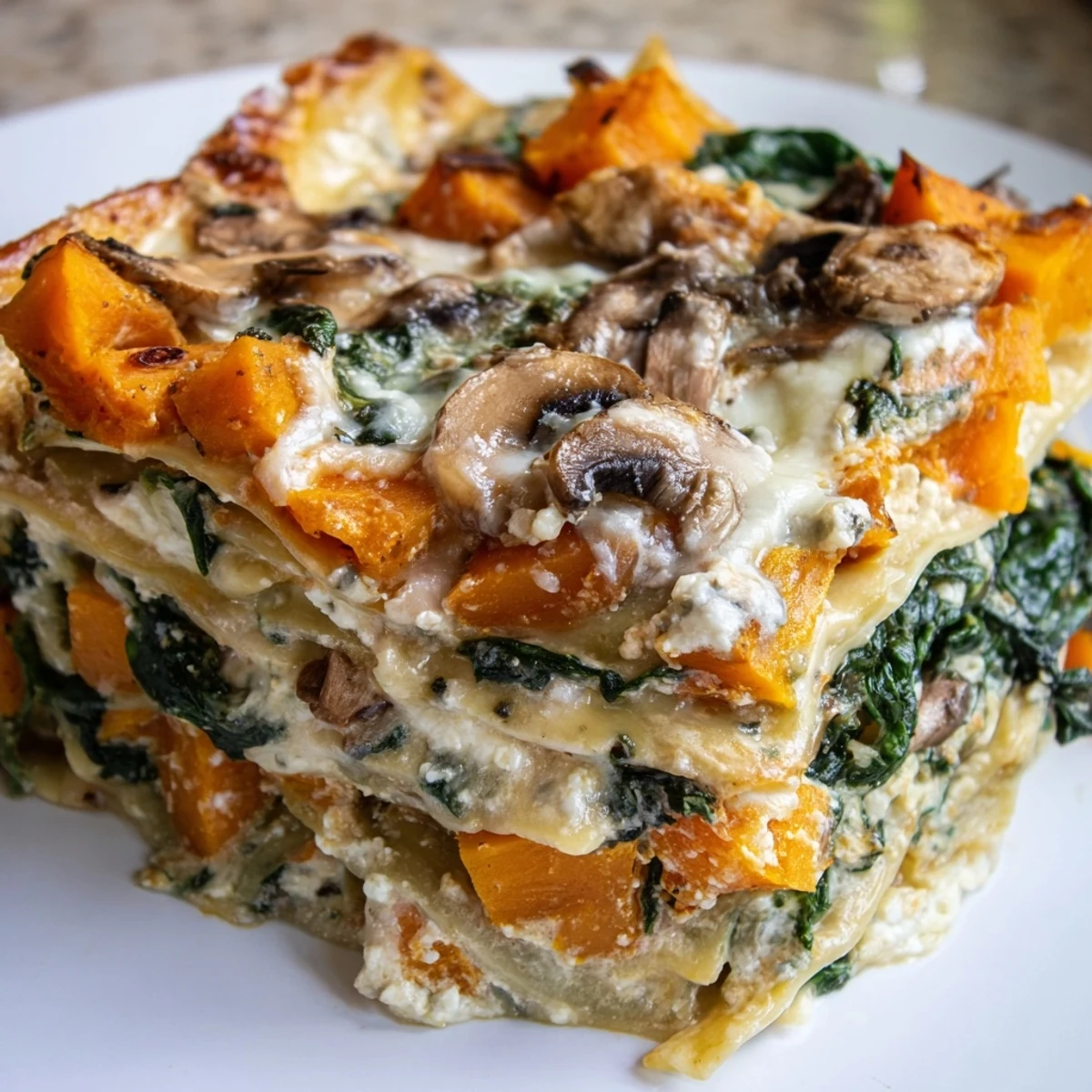 Overhead view of Butternut Squash, Spinach & Mushroom Lasagna with basil garnish, served with salad for a cozy dinner.