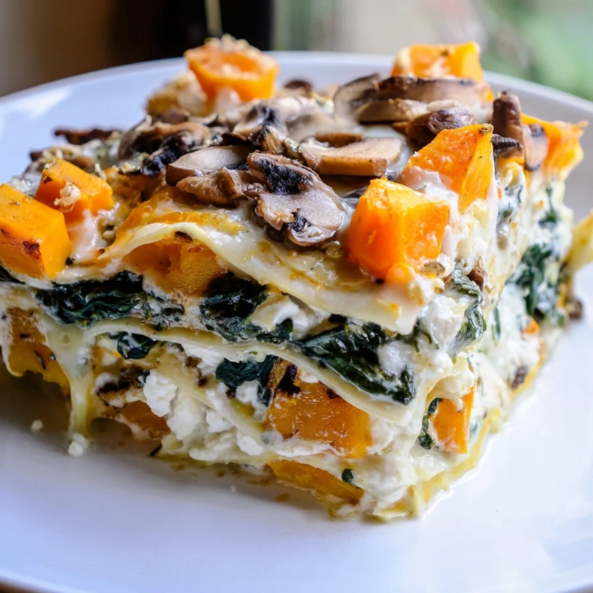 Steaming slice of Butternut Squash, Spinach & Mushroom Lasagna showing creamy béchamel, roasted squash, and wilted spinach layers.