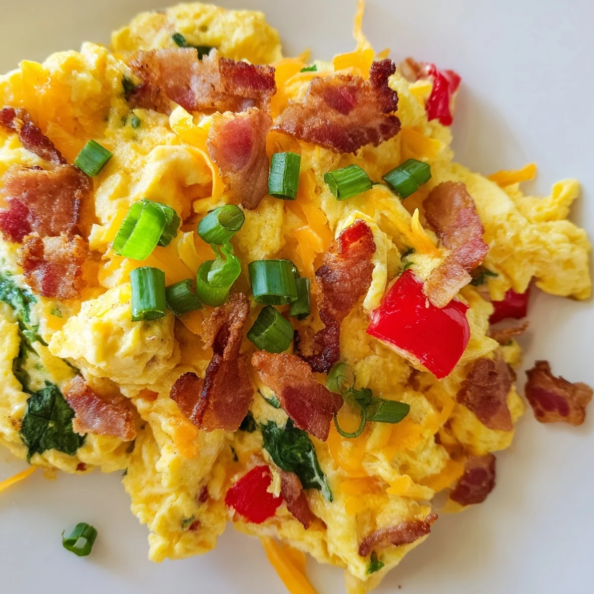 Golden Loaded Scrambled Eggs piled high with crispy bacon, sautéed red peppers, spinach, and melted cheddar cheese.