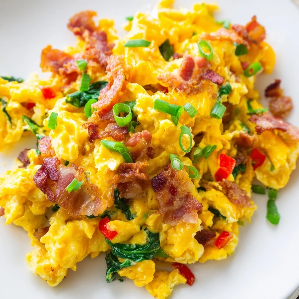 A steaming skillet of Loaded Scrambled Eggs featuring fluffy eggs, crumbled bacon, and vibrant green onions.