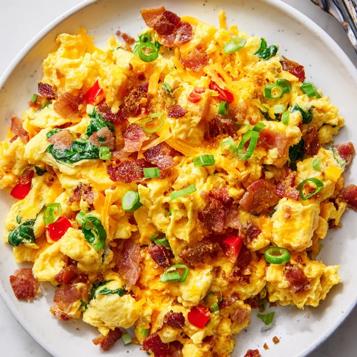 Serving suggestion for Loaded Scrambled Eggs topped with extra cheddar, bacon bits, and fresh herbs on a plate.
