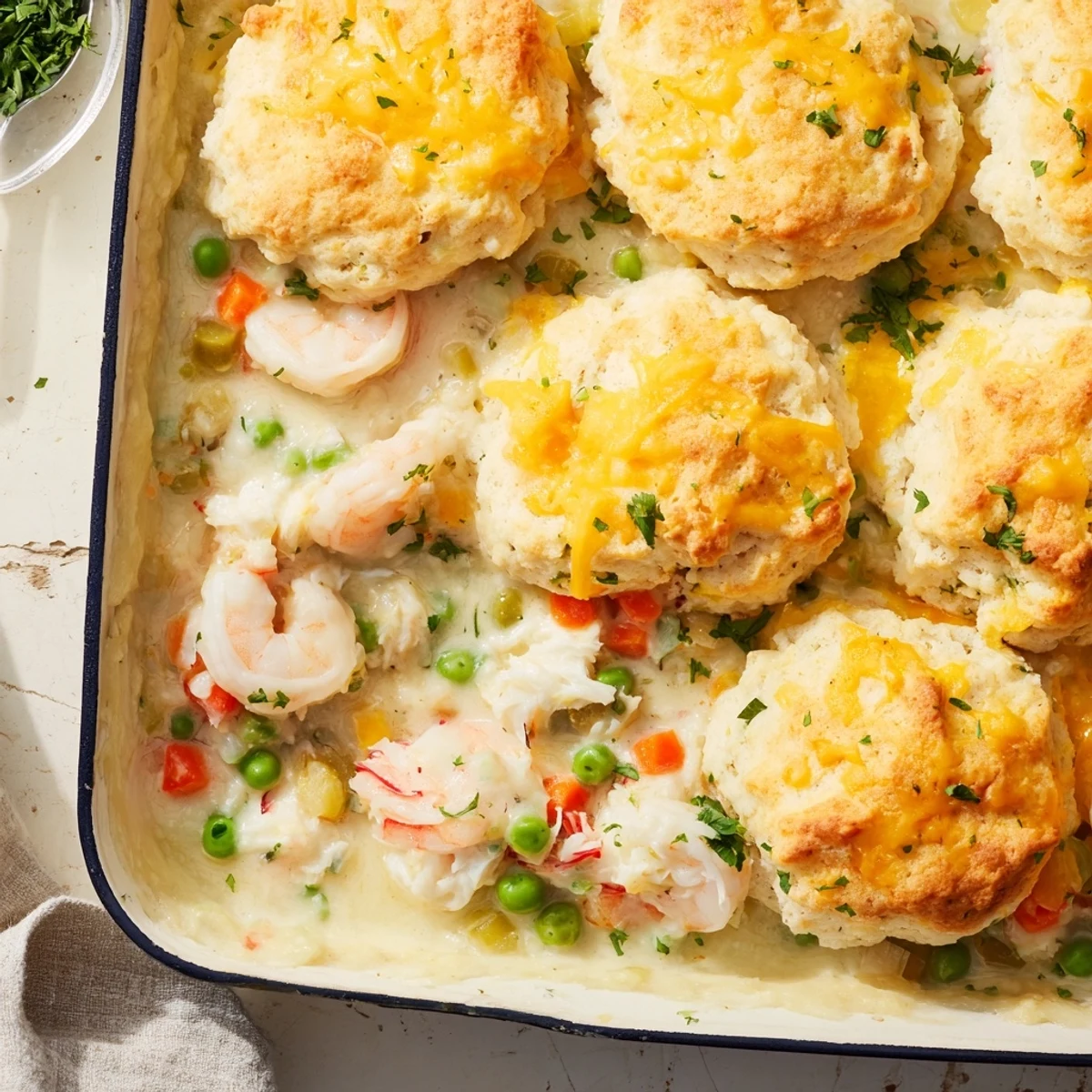 Golden Seafood Pot Pie with Cheddar Bay Biscuit Topping bubbling in a ceramic dish, served hot for a cozy family dinner.
