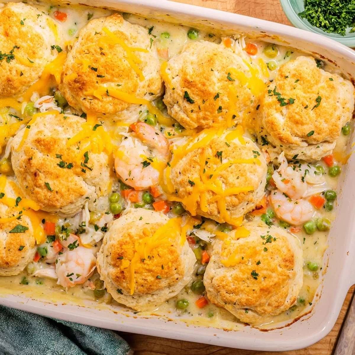 A close-up of Seafood Pot Pie with Cheddar Bay Biscuit Topping showing flaky cheese biscuits over creamy shrimp and crab filling.