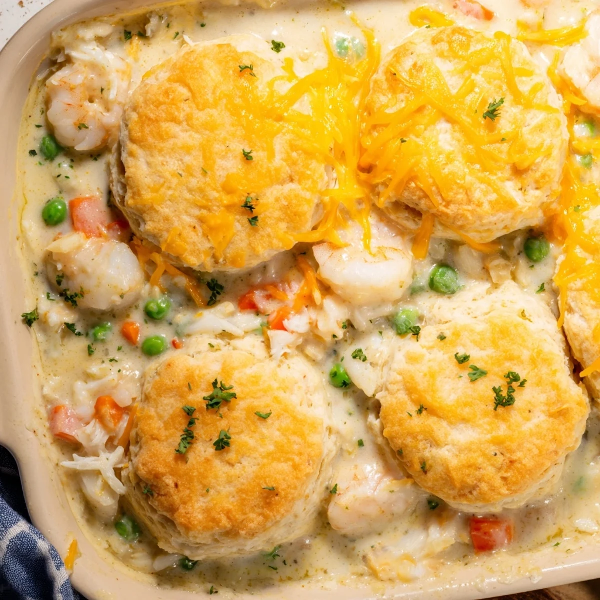 Freshly baked Seafood Pot Pie with Cheddar Bay Biscuit Topping resting on a wooden table with a rustic serving spoon.
