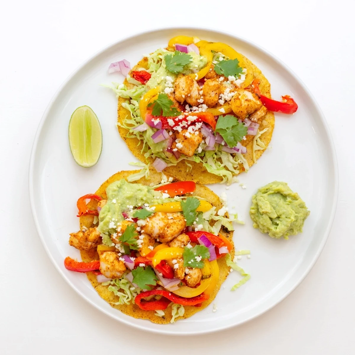 Golden crispy corn tostadas loaded with spiced chicken, sautéed veggies, and creamy homemade guacamole.