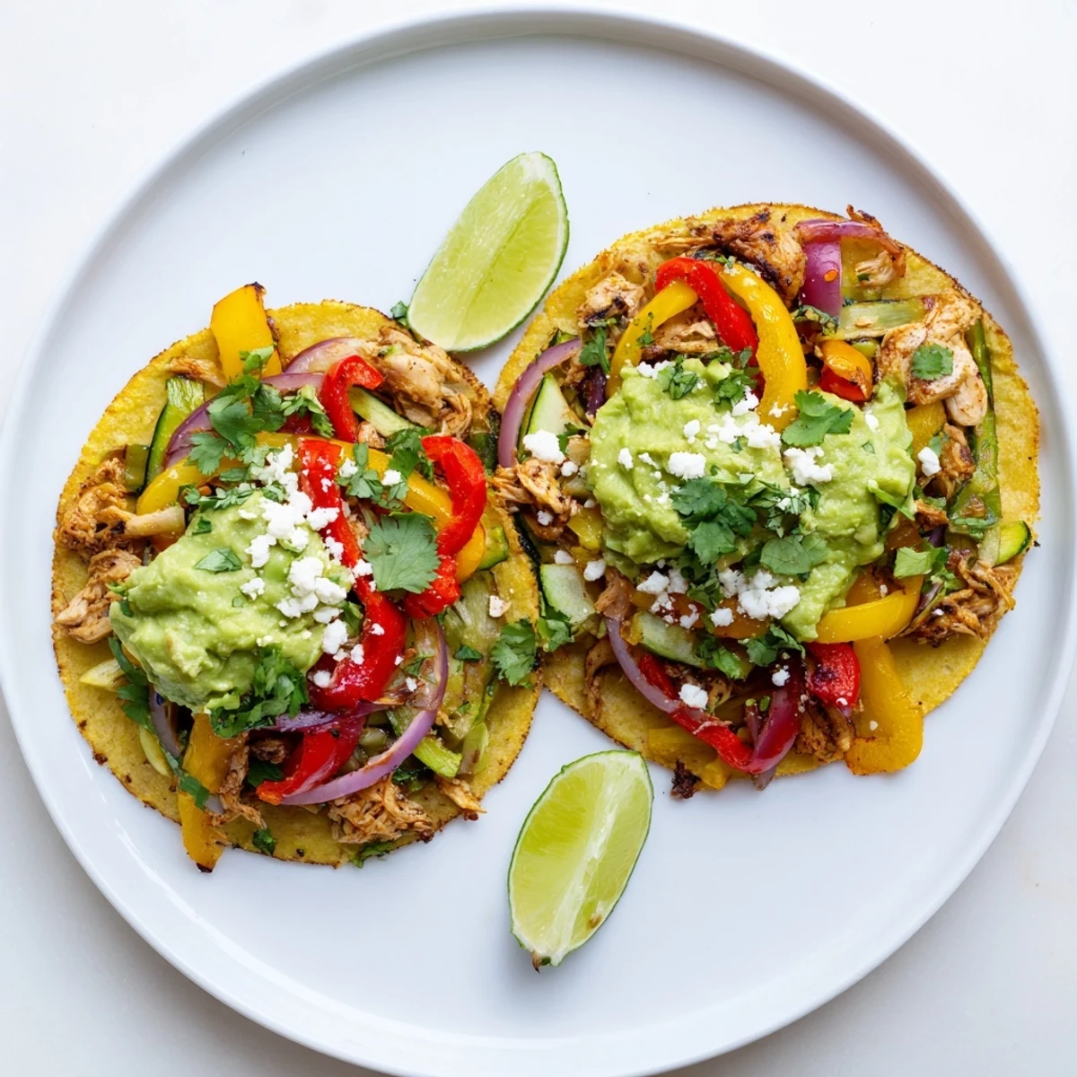 A vibrant platter of Chicken Veggie Tostadas With Guacamole ready for a weeknight Mexican dinner.