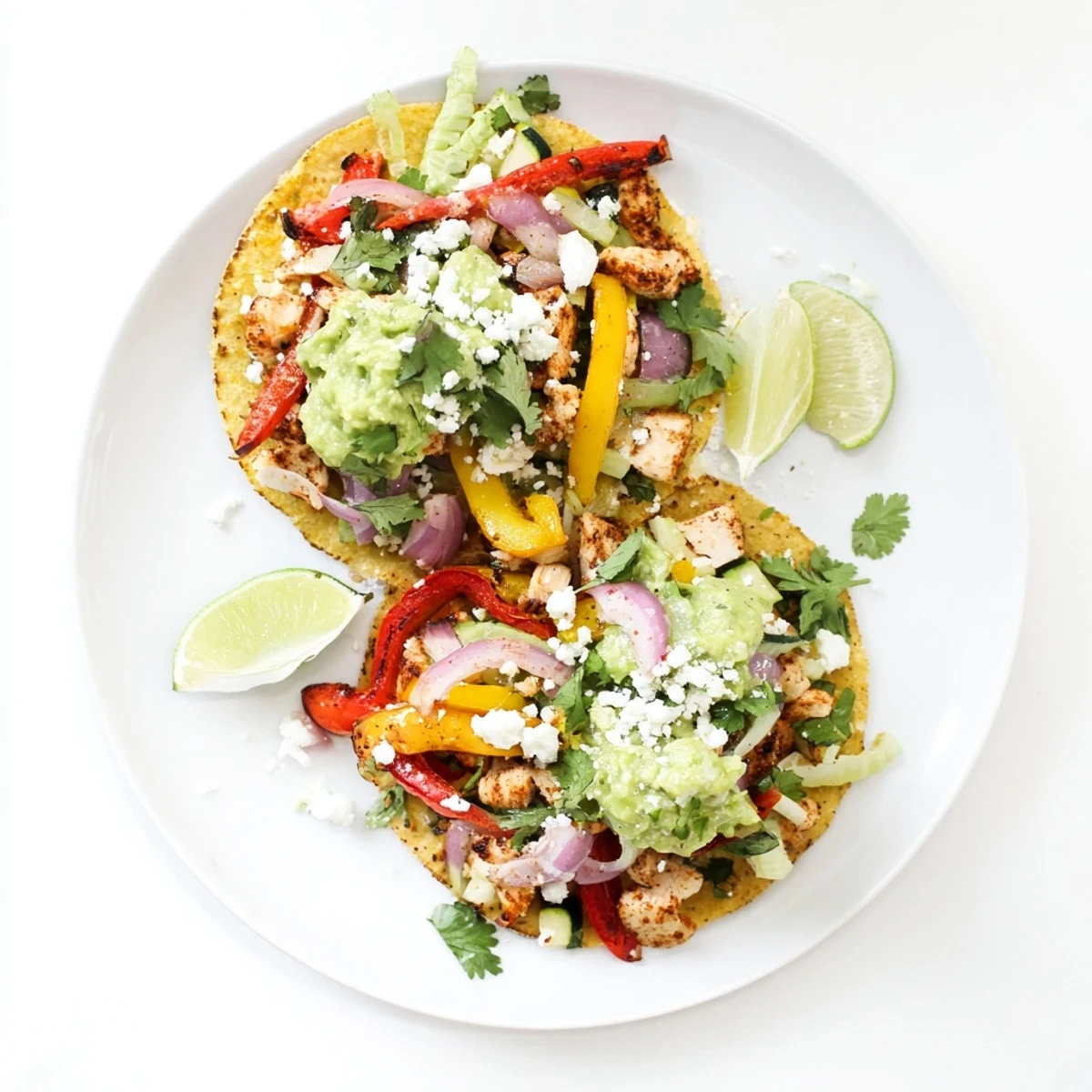 Close-up view of hearty Chicken Veggie Tostadas With Guacamole topped with crumbled queso fresco.