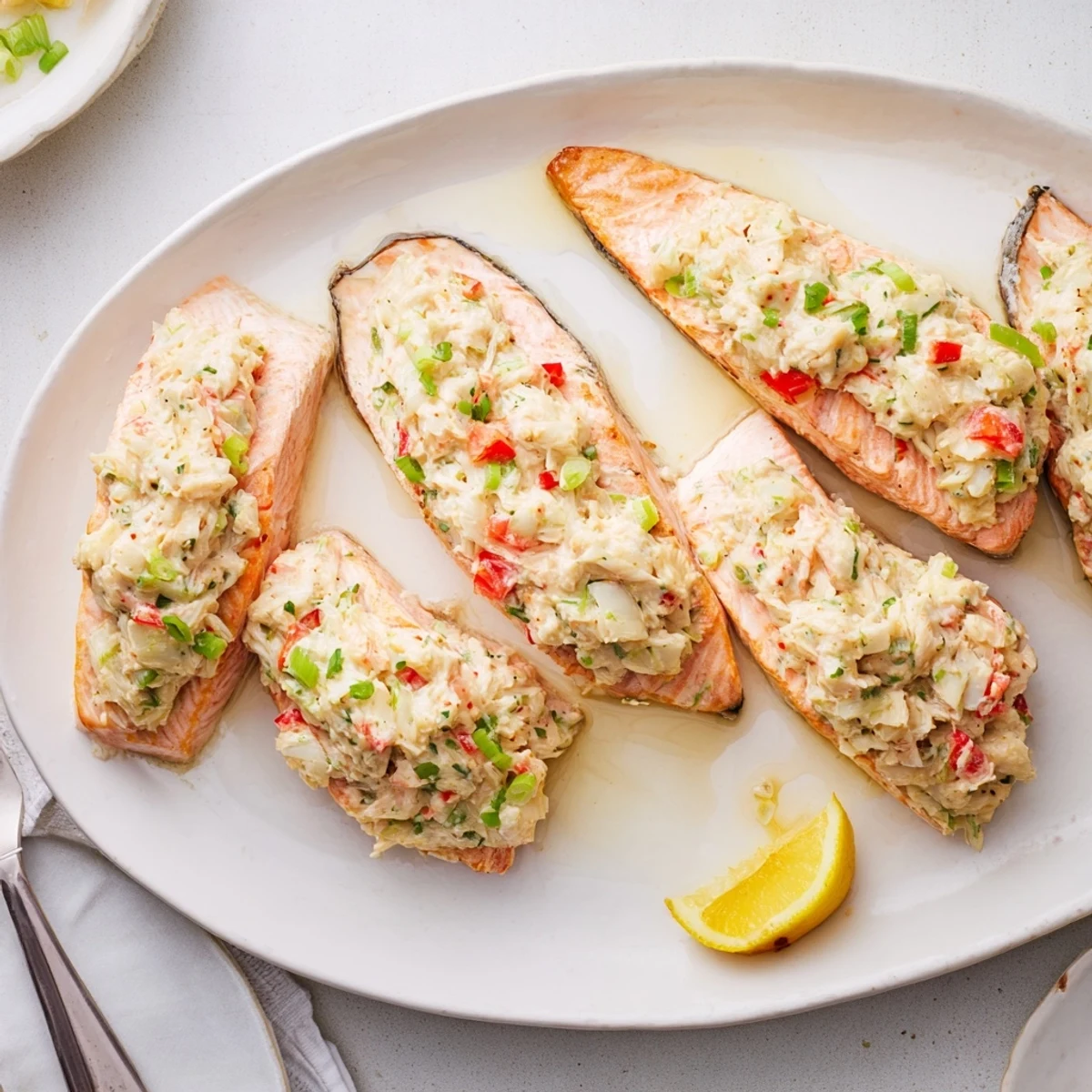 Golden-baked Crab & Shrimp Stuffed Salmon fillets served with lemon wedges on a white plate, garnished with fresh parsley.
