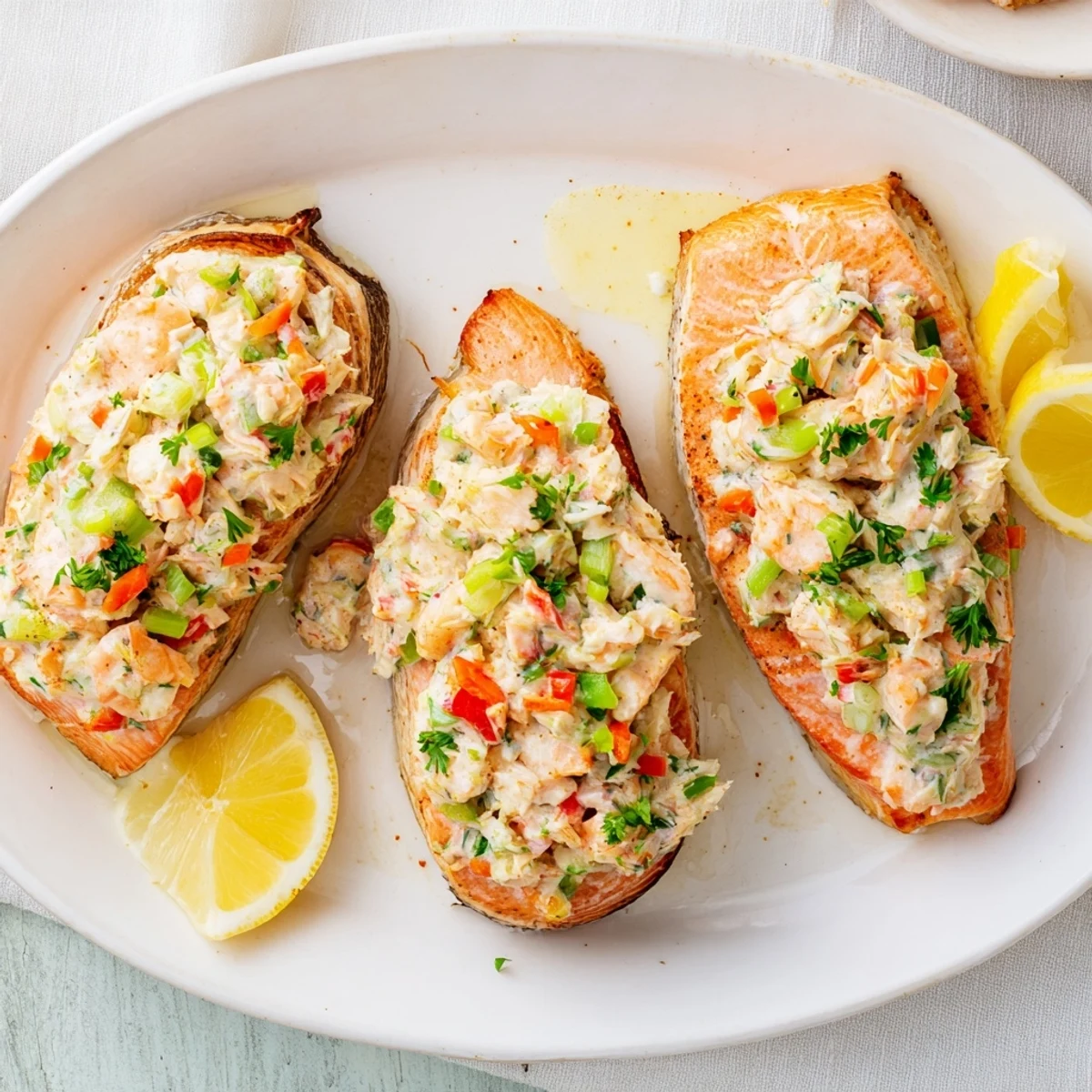 Close-up of Crab & Shrimp Stuffed Salmon revealing a creamy, savory seafood filling inside tender pink salmon.