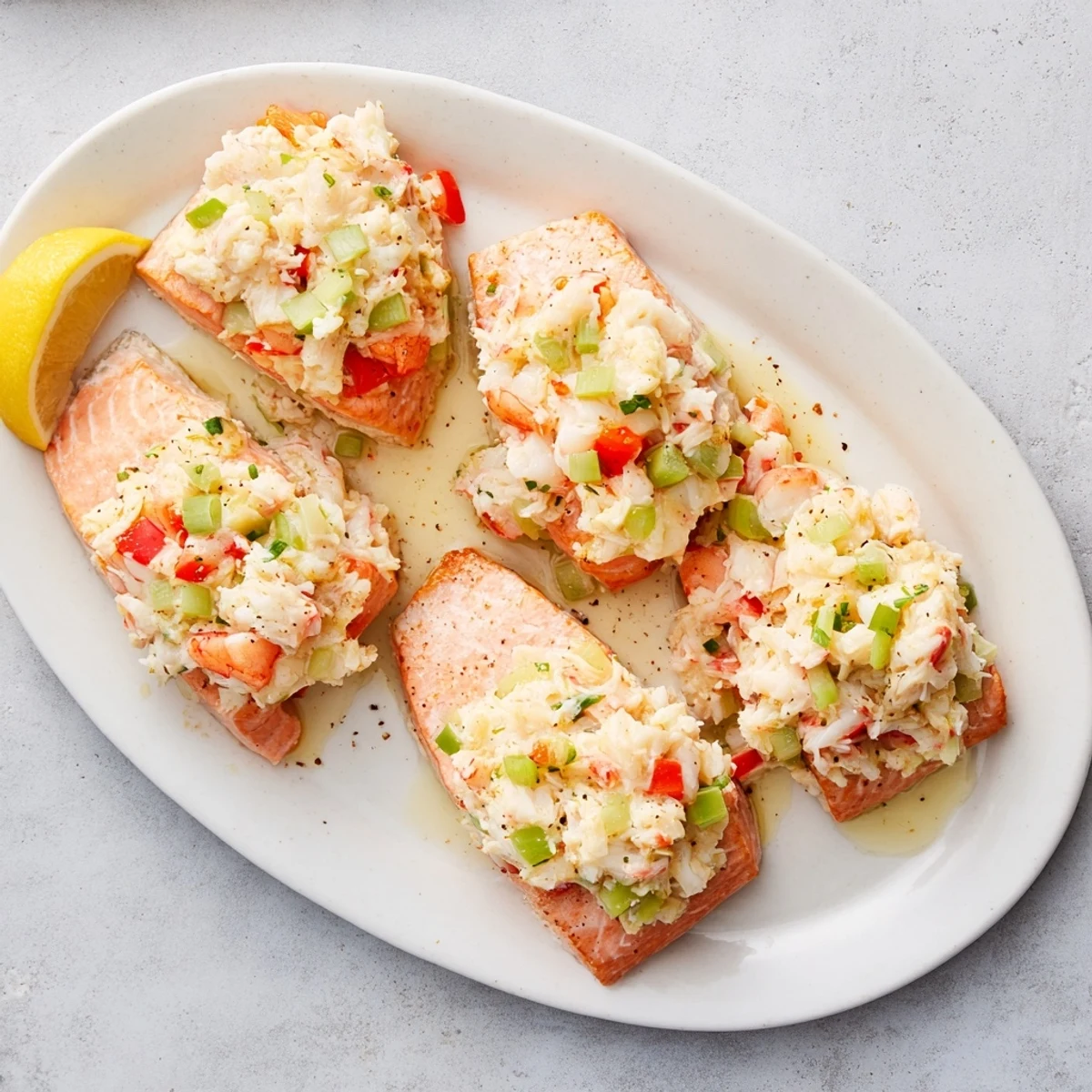 Crab & Shrimp Stuffed Salmon resting on a bed of wild rice with roasted asparagus spears, ready to serve.