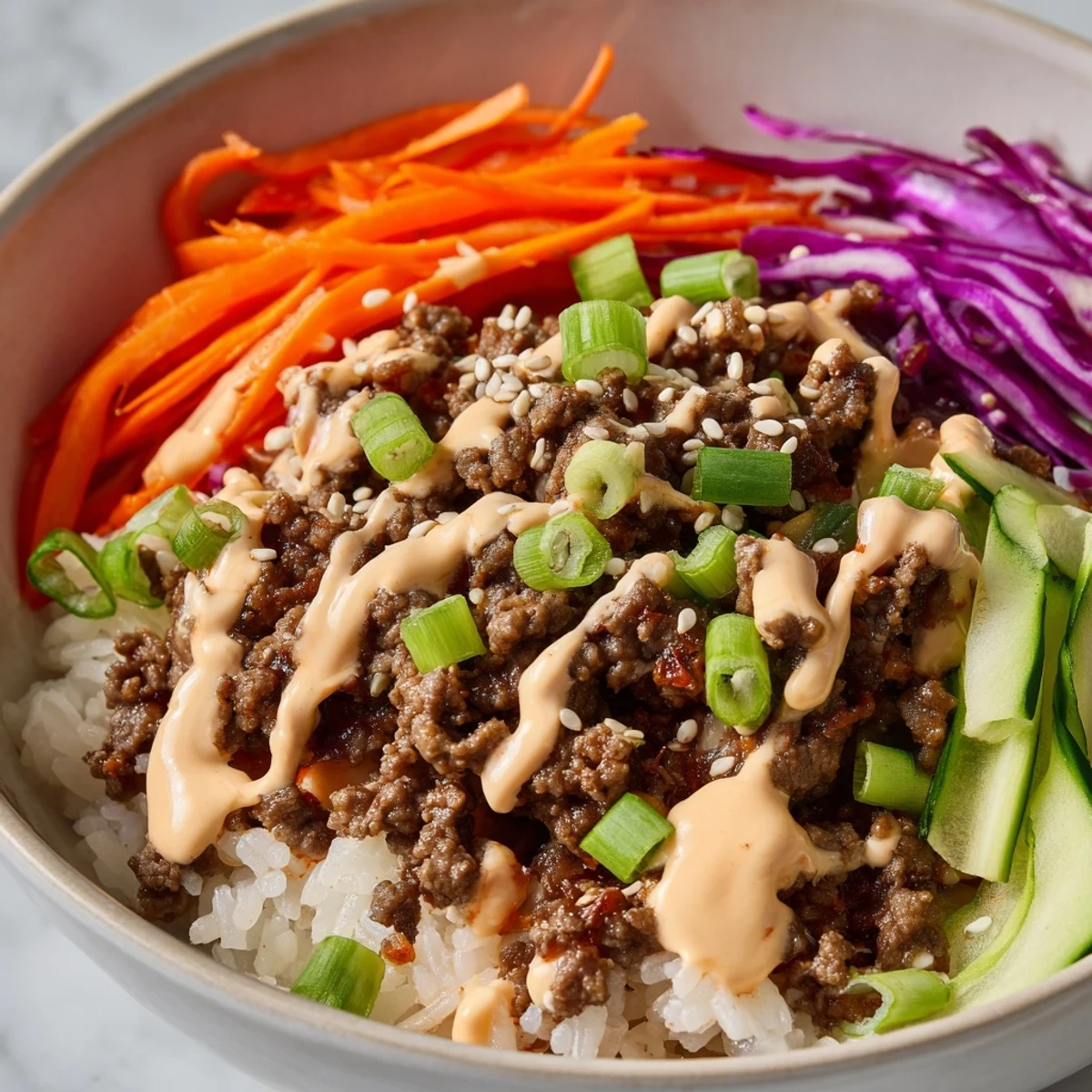 Steam rises from a freshly assembled Korean Beef Bowl with Spicy Mayo, garnished with sesame seeds and sliced green onions.
