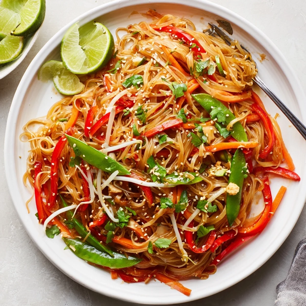 A close-up of Rice Noodle Stir Fry, showcasing glossy noodles coated in savory sauce with vibrant red bell pepper and fresh bean sprouts.