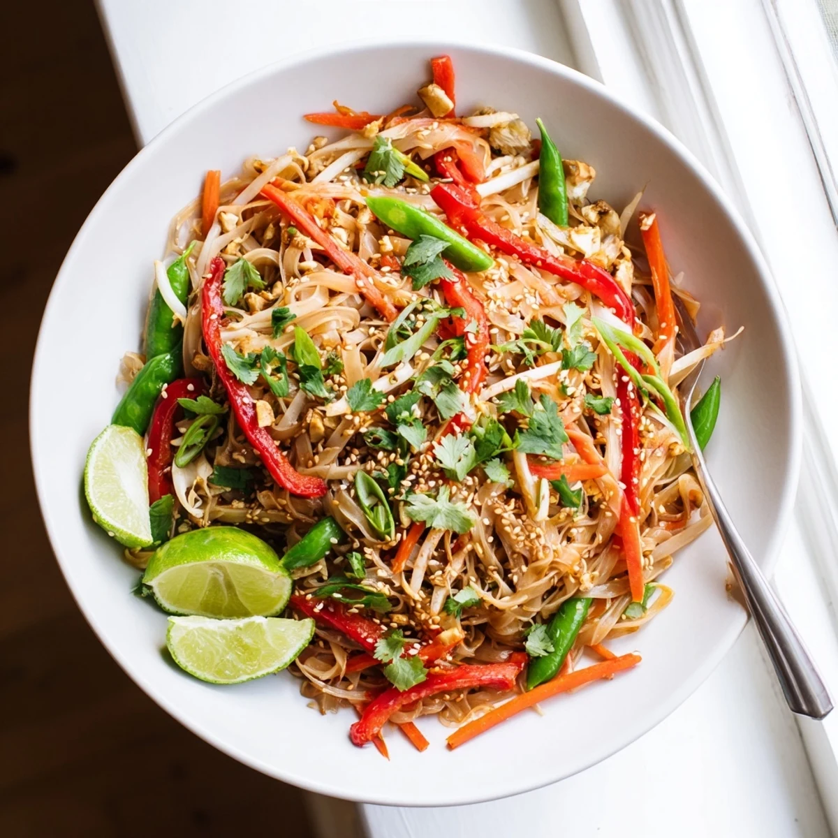 In a white bowl, the Rice Noodle Stir Fry features julienned carrots, snap peas, and cilantro, ready to be served with lime wedges.