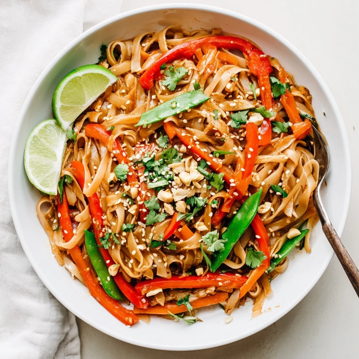 Overhead view of a hot pan of Rice Noodle Stir Fry, steam rising from the colorful mix of crisp vegetables and tender noodles.