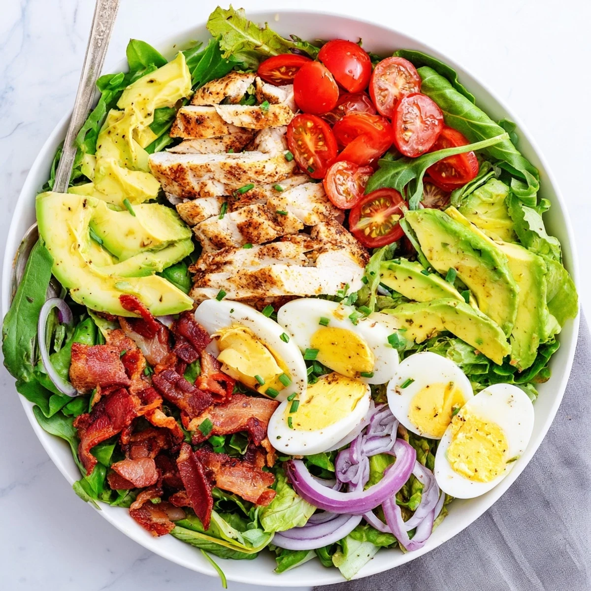 Close up on the Paleo Grilled Chicken Cobb Salad highlighting smoky chicken, bacon bits, and glistening honey Dijon dressing.