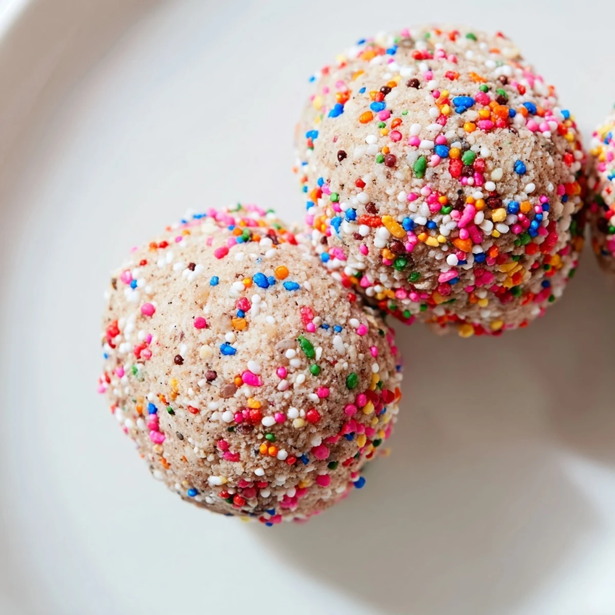 A close-up of Birthday Cake Batter Protein Balls on a marble surface, showing their colorful rainbow sprinkles.