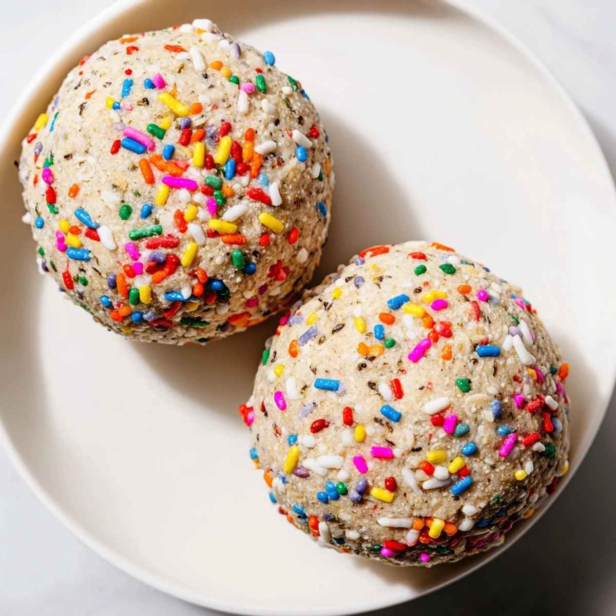 These no-bake Birthday Cake Batter Protein Balls are ready to serve, highlighting their soft, chewy texture and sweet vanilla scent.